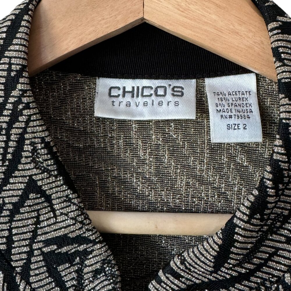 Chico's Travelers Sz 2/US Lg Long Sleeve Zip Up Cardigan Leaf Metallic Pockets - Picture 3 of 16